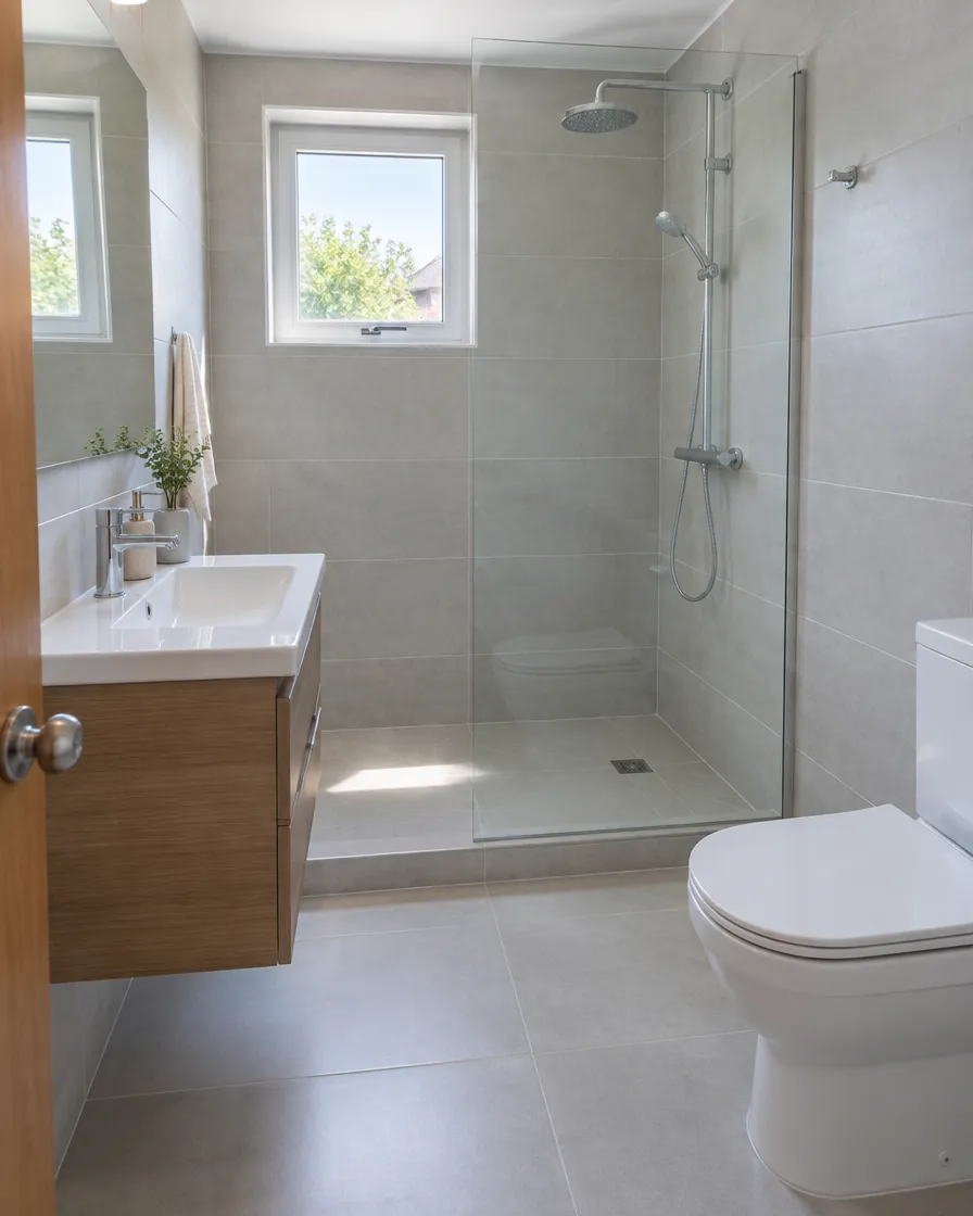 Baño terminado con ducha, mampara de vidrio, vanitorio de madera y porcelanato