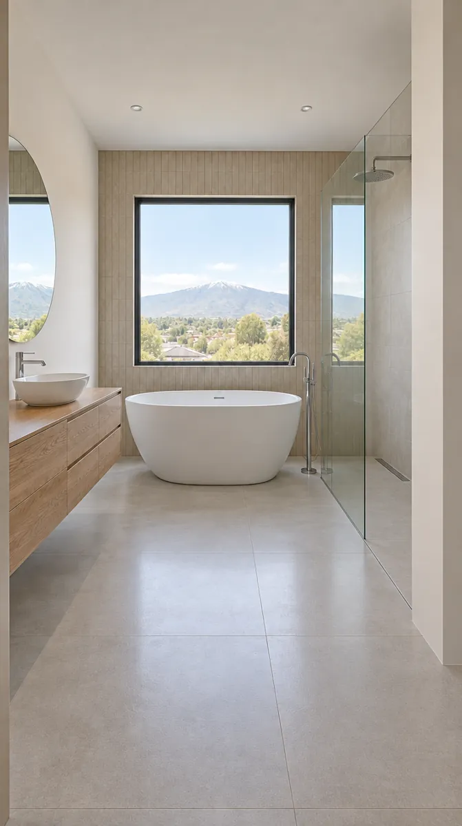 Baño con tina libre y vanitorio de madera